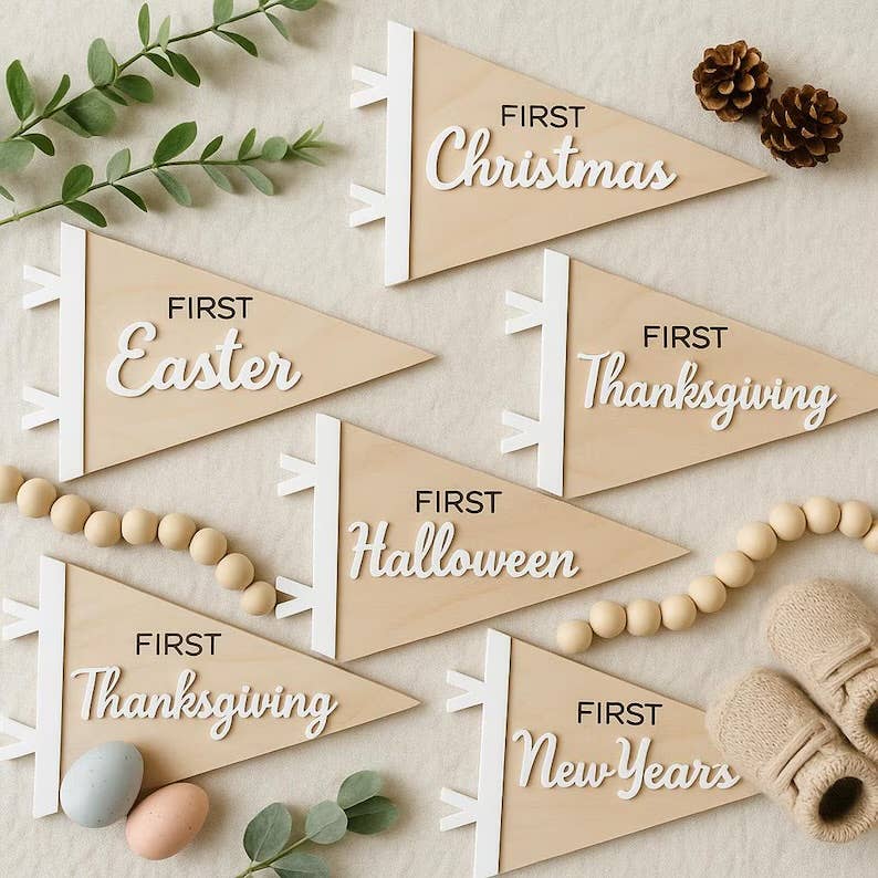 Arrow Town Designs - Baby’s First Holiday Pennant Flag Set | Birch + Acrylic